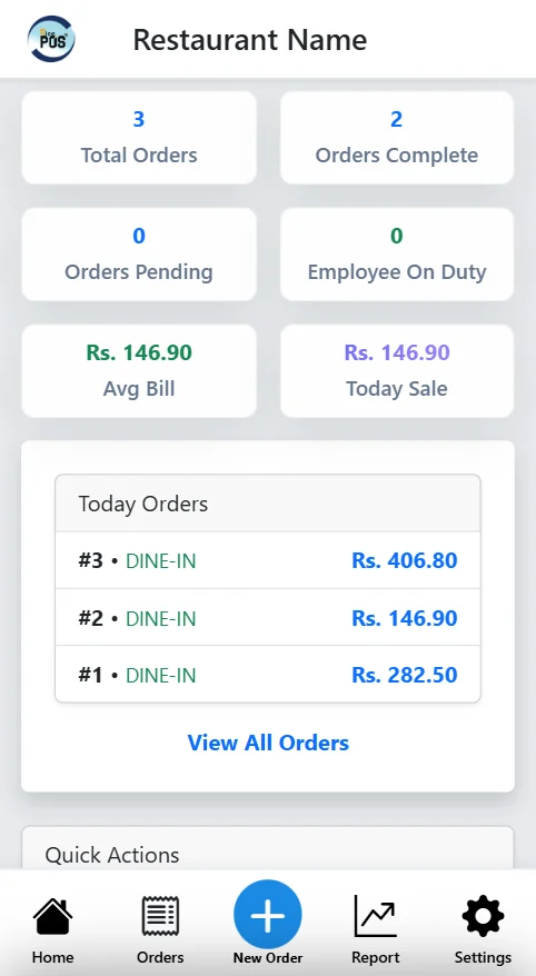 NicePOS mobile app showing orders, average bill and today's sale