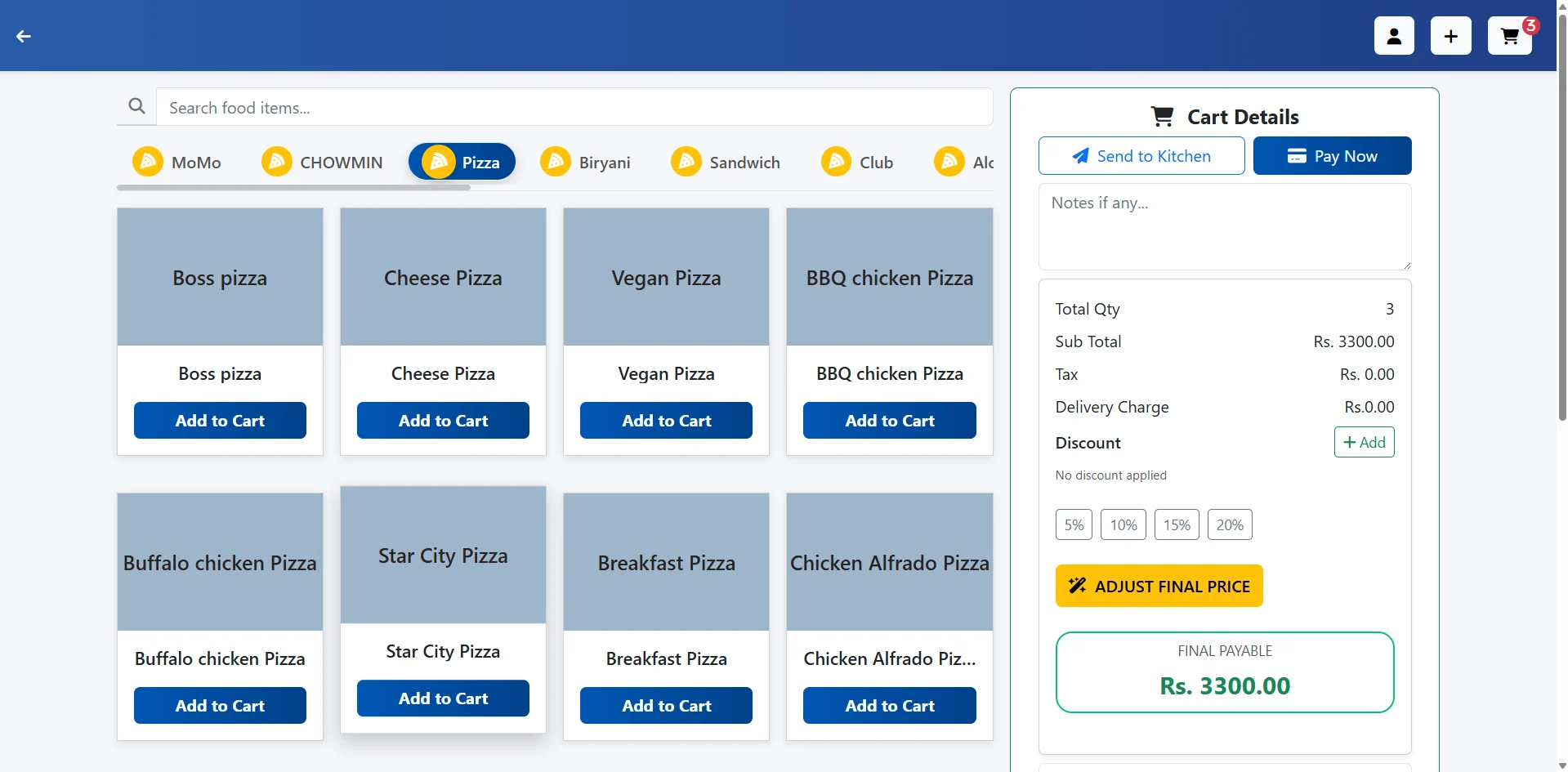 NicePOS order screen with categories, items, cart, discounts and Send to Kitchen